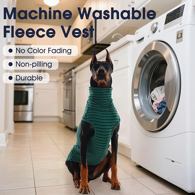 IECOii Dog Fleece Vest Sweater - Stretch Warm Pullover with Turtleneck,Green Stripes,Large, Easy On/Off Winter Dog Sweater for Medium Large Dogs Girl Boy, Winter Fall Jumpsuit with High Neck