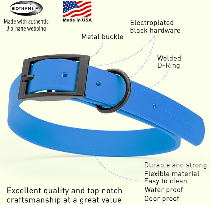Dogline Biothane Coated Webbing Dog Collar with Black Metal Hardware: Durable Easy-Clean Everyday Collar for Dogs - Comfortable Adjustable Odor-Resistant Pet Collar, W1 x L22-25", Cerulean Blue