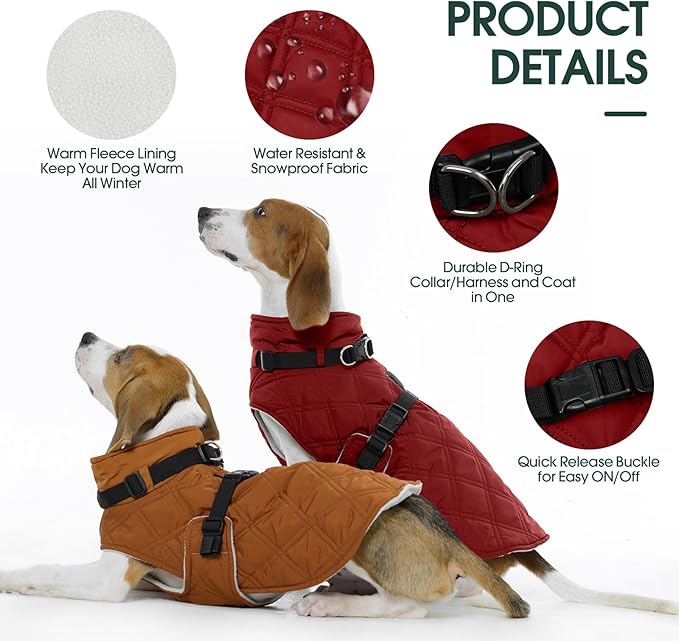 Kuoser Dog Coat Warm Fleece Lining Turtleneck Dog Jacket with Harness Built-in, Adjustable Windproof Cold Weather Coats with Quick Release Buckle Pet Winter Snowsuit for Small Dogs, Red S