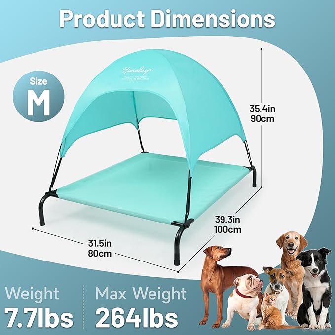 Himalaya Elevated Dog Bed, Large Bed with Canopy Removable Shade Tent, Stable Anti-Slip Feet for Pets Camping Indoor Outdoor Brown (Blue-Middle)