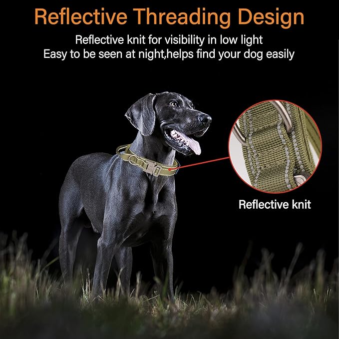 KCUCOP Heavy Duty Tactical Dog Collar and Leash Set, Military Training Nylon Reflective Collar with Handle Metal Buckle for Medium Large Dogs, Green, L (1 Patch Included)