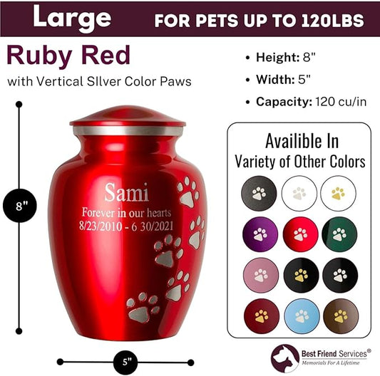 Pet Urn for Dogs and Cats with Personalized Laser Engraving, Ottillie Paws Premier Series Memorial Urns (Large Ruby Red with Vertical Pewter Paws)