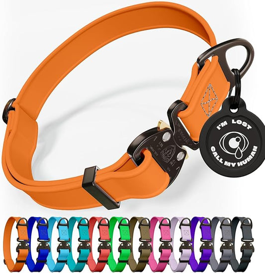 Biothane Dog Collar with Cobra Buckle - Made in USA - QR Code Dog Tag ID Included - Adjustable Heavy Duty Dog Collars for Medium Large Dogs - Waterproof Military Grade Tactical (3/4", Orange)