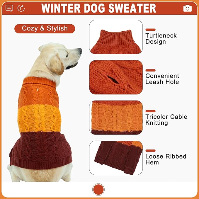 EXPAWLORER Dog Sweater - Large Dogs Fall Sweaters for Girls Boys,Classic Turtleneck Knitwear Dog Clothes for Cold Weather, Cable Knit Dogs Outfit,Coat,Pet Apparel (Orange,L)