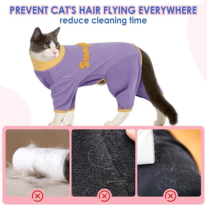 Sticky Hair Cat Clothes - Purple-S, Pajamas for Sphynx & Kitten, Anti-Shedding Cat Onesie to Reduce Pet Hair on Furniture,Long Sleeves Anti-Licking & Skin Disease Suit