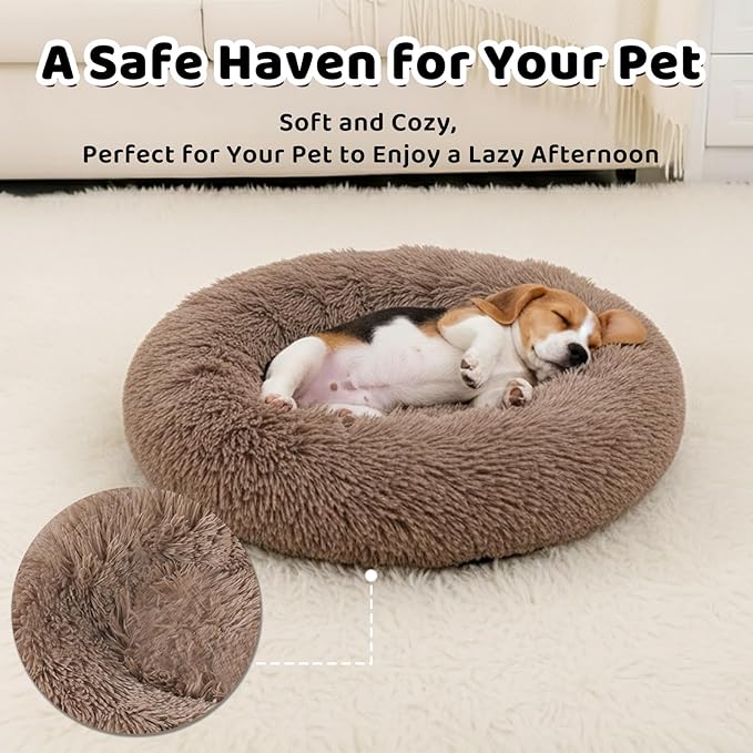 DFQ Donut-Shaped Pet Bed for Medium Dogs, Round Calming Cuddler for Cats, Cozy Anti-Anxiety Sofa, Plush Fluffy Faux Fur Cushion-31''-Camel
