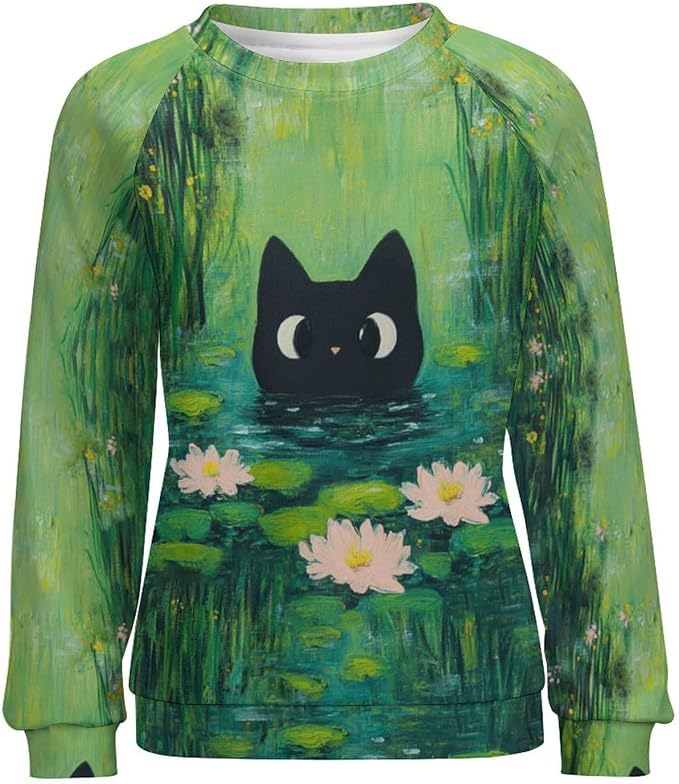 Womens novelty funny cat printed crewneck sweatshirt casual loose long sleeve graphic pullover sweatshirts tops