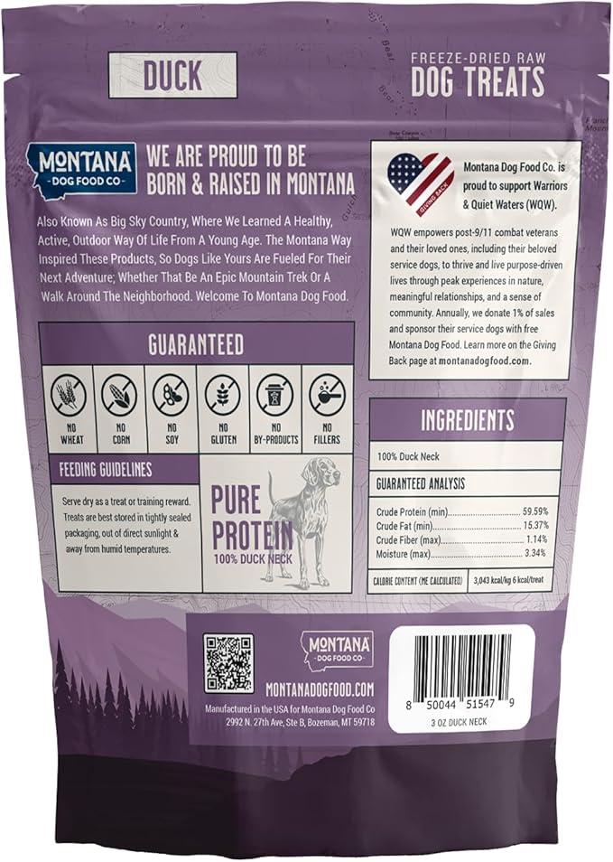 MONTANA DOG FOOD CO. Freeze-Dried Duck Neck Dog Treats – 100% Natural, Single Ingredient, High Protein, Grain-Free, Made in USA – 3 oz Bag