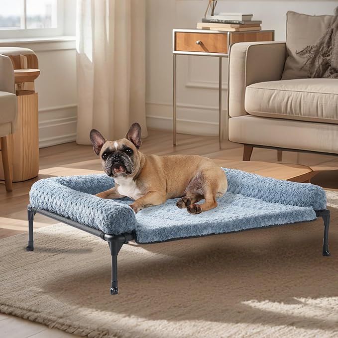 Veehoo Cooling Elevated Dog Bed Add Removable Deluxe Rose Plush Bolster Cushion Mat, 35" x 22" Washable Dog Couch Bed, Raised Pet Cot with Breathable Teslin Mesh, No-Slip Feet, Haze Blue, CWC2439B