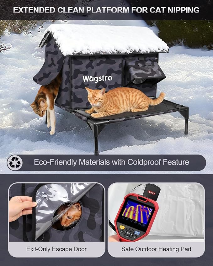 Large Heated Cat House for Outside with Dampless Deck, Highly Elevated, Exit-Only Door, Waterproof Insulated Outdoor Cat Shelter for Feral Stray Barn Cat