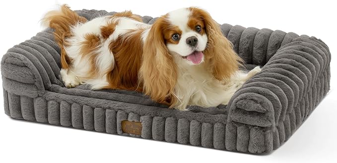 Cute Dog Bed for Small Dogs, Faux Fur Orthopedic Foam Dog Bed with Sides, Removable Washable Cover & Waterproof Lining, Comfortable Pet Couch, Grey (30" L x 20" W x 6" Th)