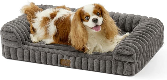 Cute Dog Bed for Small Dogs, Faux Fur Orthopedic Foam Dog Bed with Sides, Removable Washable Cover & Waterproof Lining, Comfortable Pet Couch, Grey (30" L x 20" W x 6" Th)