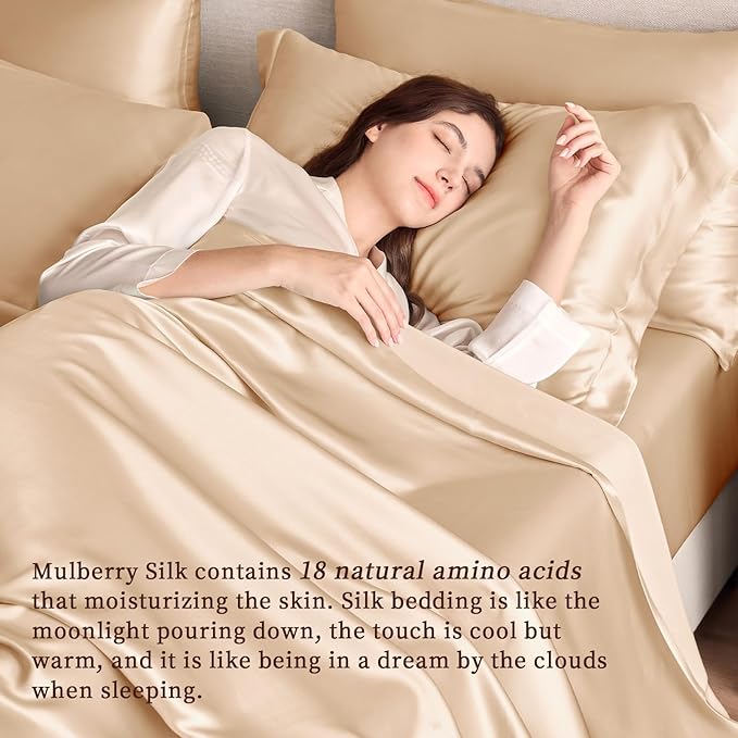 THXSILK Silk Sheet Set 4Pcs, 6A+ Top Grade 100% Natural Mulberry Silk Bed Sheets, Luxury Bedding Sets Ultra Soft Durable, 1 Fitted Sheet, 1 Flat Sheet and 2 Pillow Shams (King, Champagne)