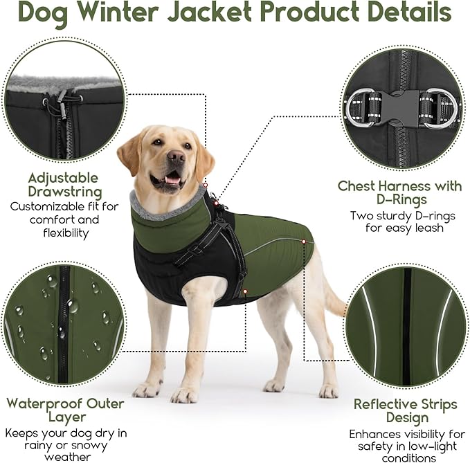 ASENKU Reflective Dog Coat with Built-in Harness, Windproof Fleece-Lined Dog Jacket for Small, Medium, Large Dogs, Warm Winter Vest with Turtleneck & Zipper (Green 3XL)