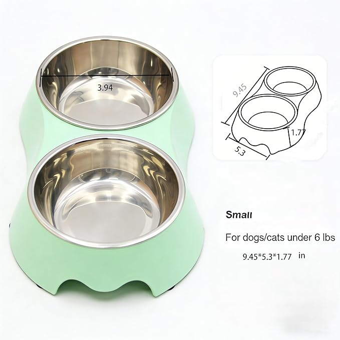Small Green Double Pet Bowl – Non-Slip Stainless Steel Food & Water Set for Cats, Kittens & Small Dogs, BPA-Free Mess-Free Feeding Dishes