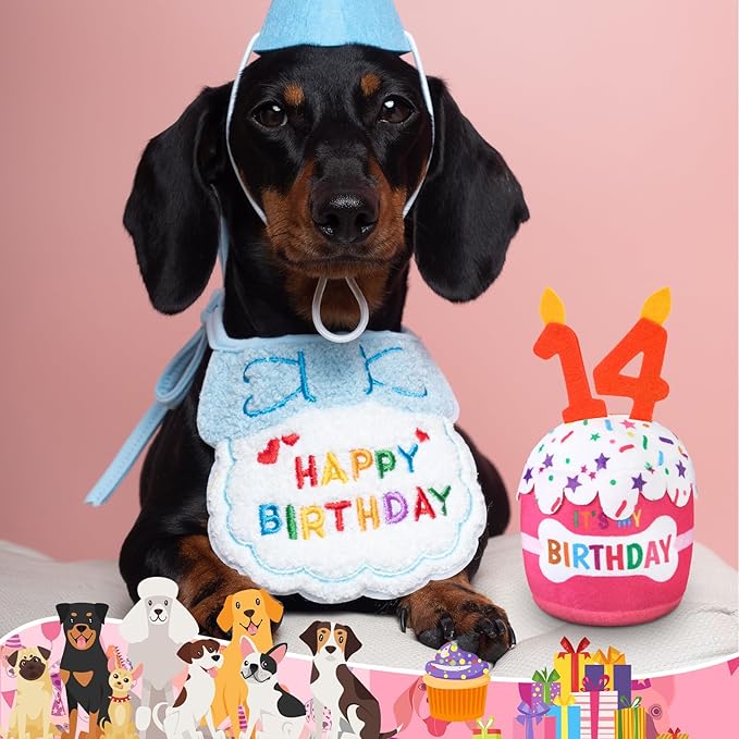 Dog Birthday Cake Toy Accessories for Girl Boy Gifts, Squeaky Plush Toy for Dog Birthday Party Decor Favor for Large, Medium and Small Dogs(14th,Pink)