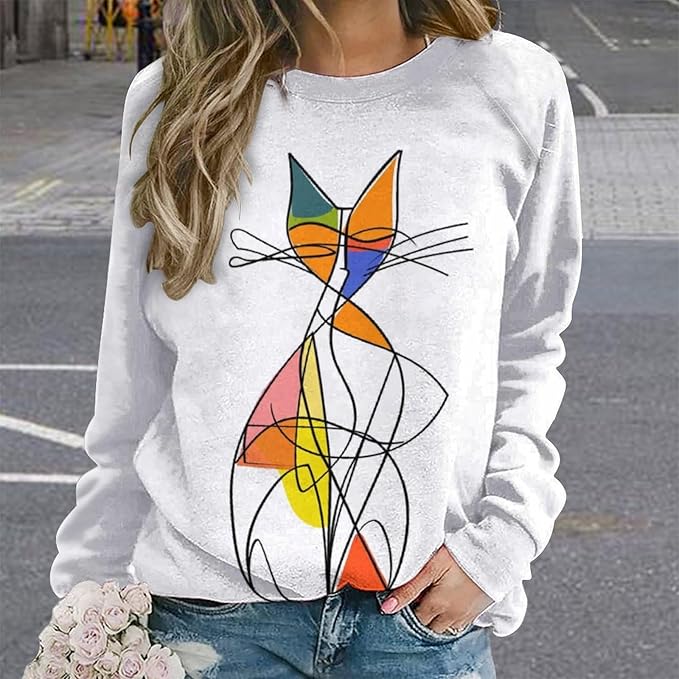 Biacolum Long Sleeve Shirts for Women Mid Century Retro Style Atomic Cat 3D Graphic Sweatshirts Fall Crewneck Pullover Top