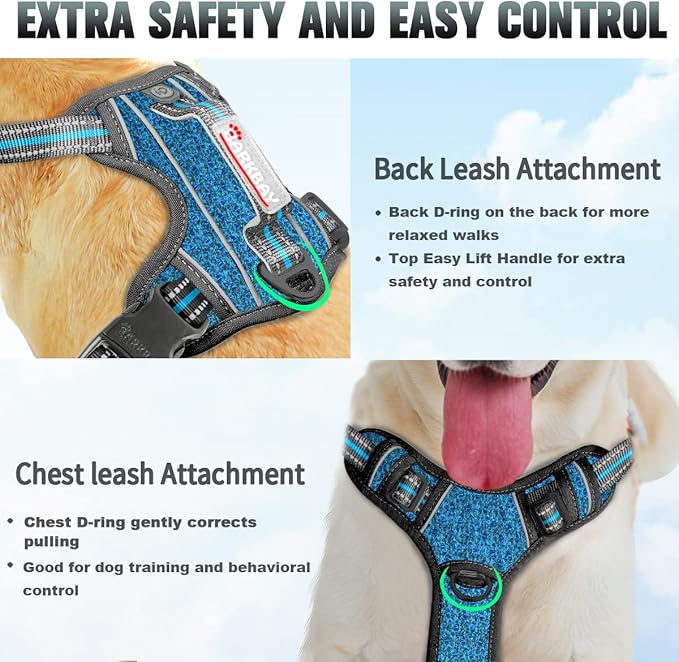 BARKBAY No Pull Dog Harness Large Reflective Dog Harness with Front Clip and Easy Control Handle for Walking Training Running with ID tag Pocket(Blue/Black,L)