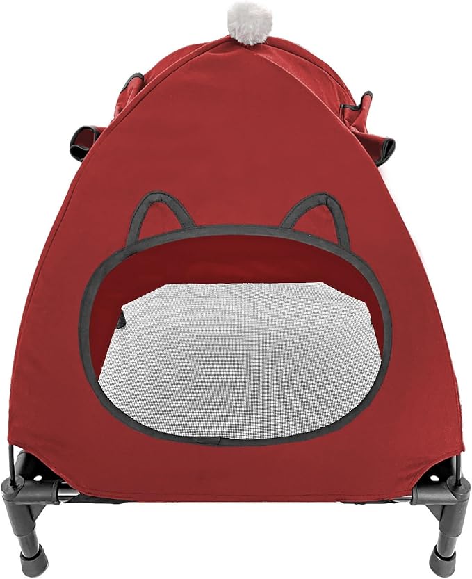Pozico Elevated Pet Bed with Breathable Mesh for Small Cat and Dog, Raised Cooling Pet Cot for Puppy and Kitty, 18.9x18.9 inch (Red Bed with Canopy)