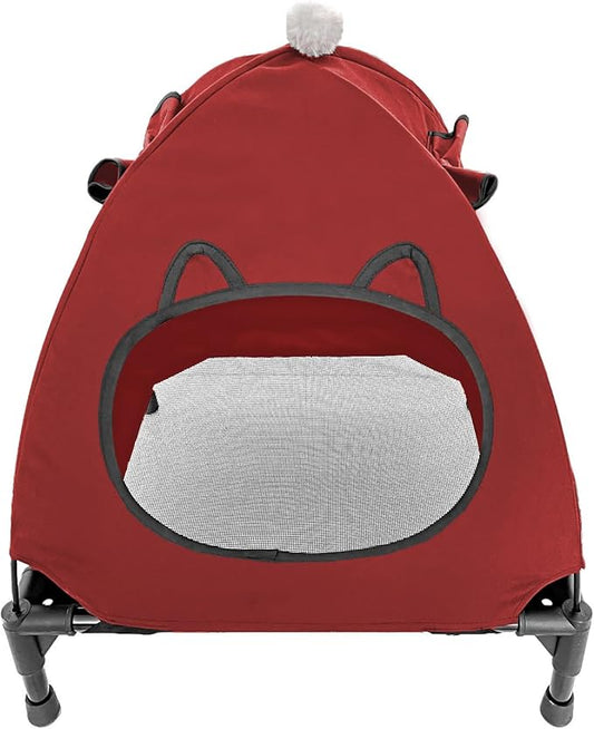 Pozico Elevated Pet Bed with Breathable Mesh for Small Cat and Dog, Raised Cooling Pet Cot for Puppy and Kitty, 18.9x18.9 inch (Red Bed with Canopy)