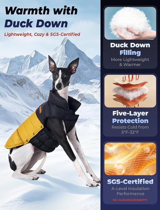 SPACE LION Dog Puffer Jacket, Down Winter Coat, Durable Outdoor Coat for Cold and Windy Conditions, Lightweight & Adjustable Fit Coats for Large Dogs, (BlackKhaki, Size24/2XL)