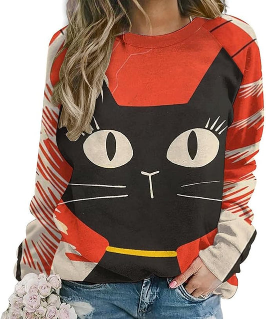 Biacolum Long Sleeve Shirts for Women Mid Century Retro Style Atomic Cat 3D Graphic Sweatshirts Fall Crewneck Pullover Top