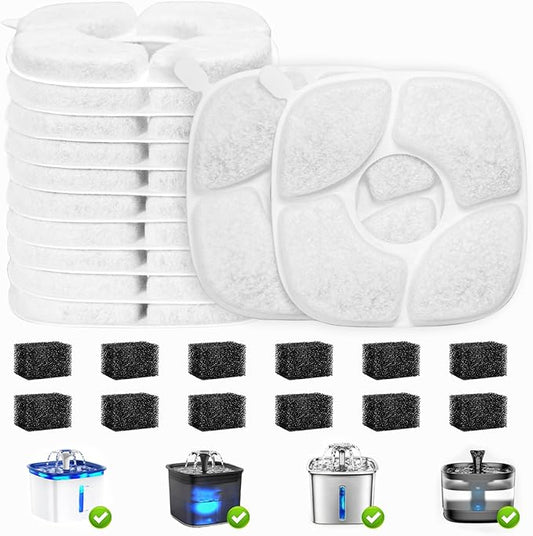 TOUDABBQ Cat Water Fountain Filters, 24-Pack Filters Replacement for 95oz/2.8L Automatic Cat Water Fountain, 5-Layer Filtration Pet Fountain Filter (12 Filters&12 Sponges)