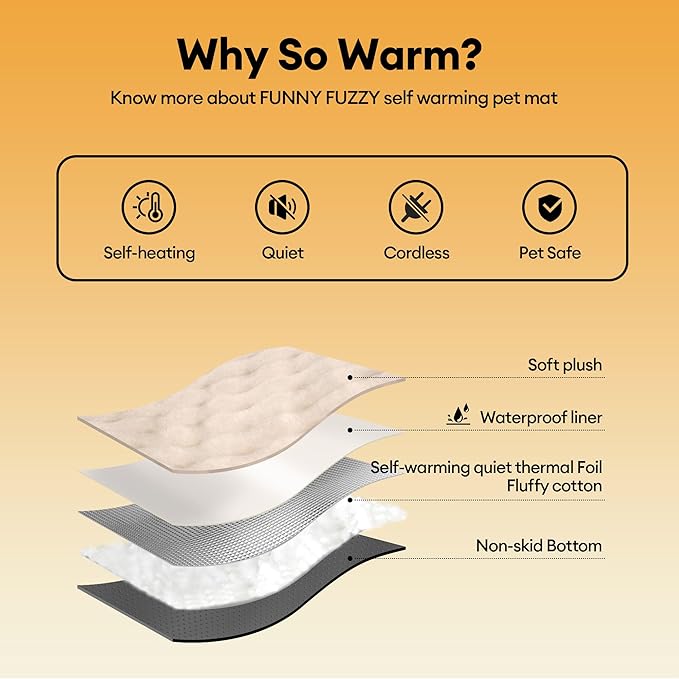 FUNNY FUZZY Self Warming Cat Bed, Waterproof Self Heating Pad for Cats & Dogs, Cozy Plush Warm Pet Mat with Removable Washable Cover - ThermoPad, 25.5"×17.7", Cream White