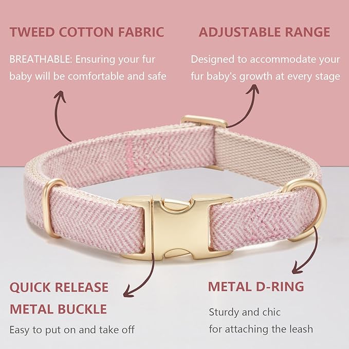 Soft Hemp Dog Collar and Leash Set Adjustable Woven Tweed Dog Collars with Metal Buckle and Lead for Small Medium Large Dogs,Pink