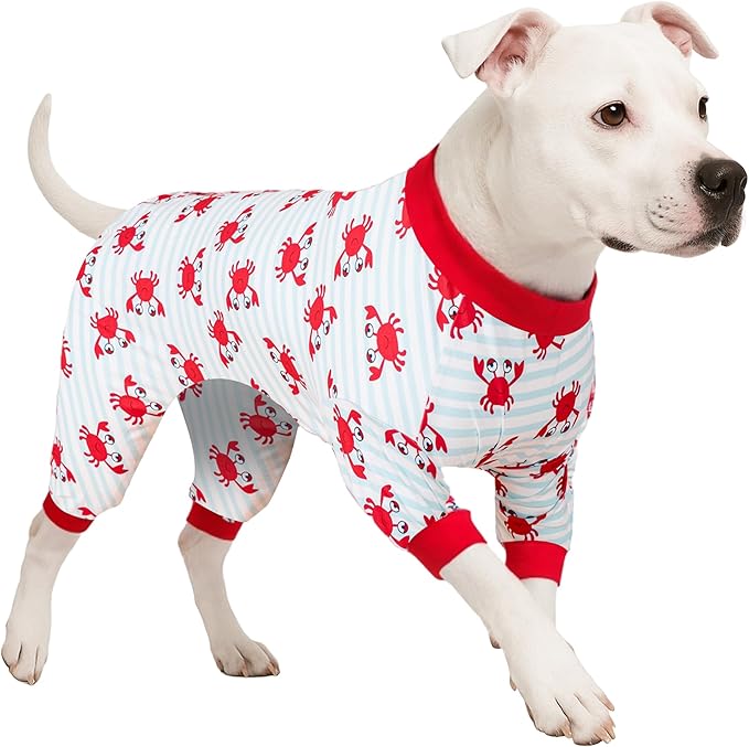 LovinPet Dog Sweatshirts for Large Dogs, Anxiety Calming Dog Pajamas, Light Blue Stripe Whale, Crab Print, Onesies for Dogs, Pitbull Clothes,Pajamas for Pitbulls, Large