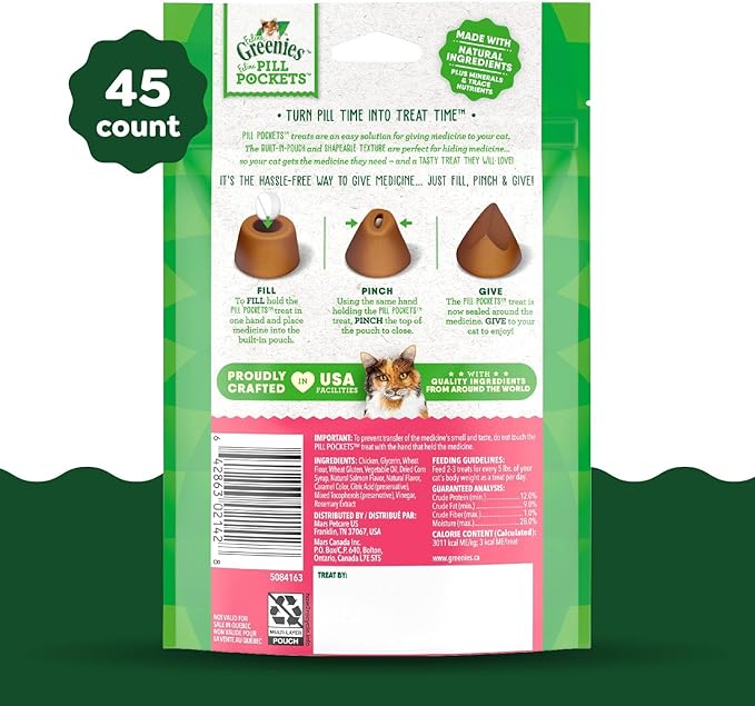 Greenies Feline Pill Pockets for Cats Natural Soft Cat Treats, Salmon Flavor, 1.6 oz. Pouch (45 Treats)