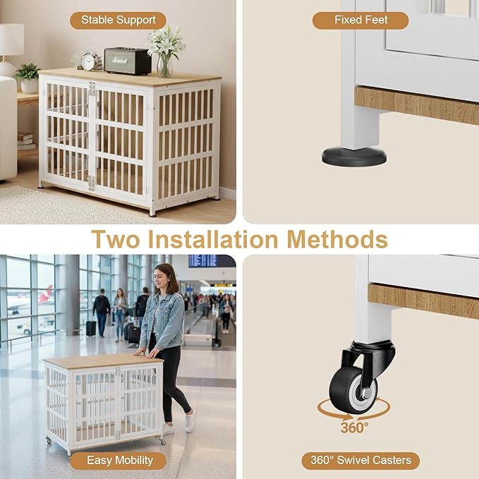 42" Furniture Style Large Dog Crate with Wheels, Metal Chew-Resistant Dog Kennel Indoor for Large & Medium Dogs, 41.9" W x 28.3" D x 31.7" H, Decorate House as TV Stand, End Table — Natural and White