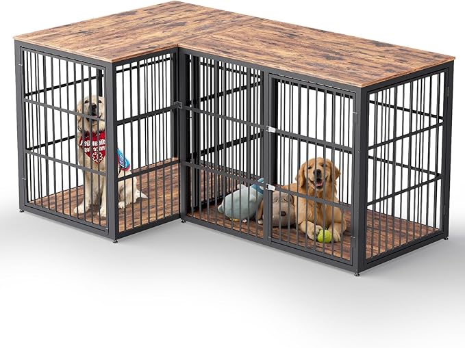 Lyromix 48'' L-Shaped Corner Dog Crate Furniture Large Breed with Double Rooms,Wooden Dog Crate End Table Indoor with Removable Divider for Small to Medium Dogs, Can Use Separately