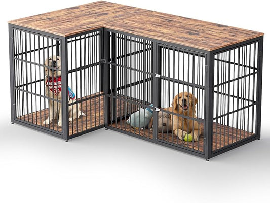 Lyromix 48'' L-Shaped Corner Dog Crate Furniture Large Breed with Double Rooms,Wooden Dog Crate End Table Indoor with Removable Divider for Small to Medium Dogs, Can Use Separately