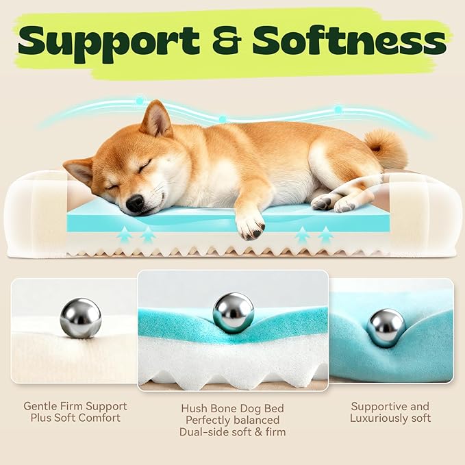 Cooling Dog Beds for Large Dogs with Removable Faux Fur Washable Covers,Waterproof Orthopedic Pet Couch Bed with Cool Gel Memory Foam and Bolster Side for Senior Pets,36" x 27" x 6.5" Beige