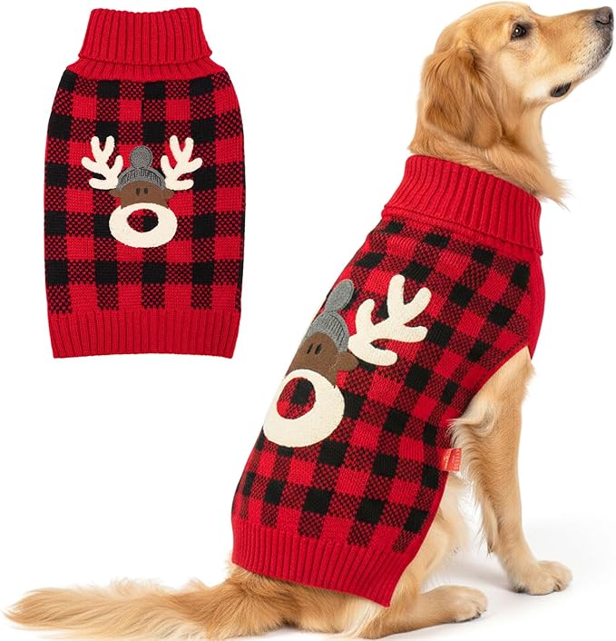 KYEESE Dog Christmas Sweater with Reindeer Pattern, Cozy Holiday Outfit, Red Buffalo Plaid Knitwear, Turtleneck Dog Sweater for Medium Dogs with Leash Hole, Soft Warm Pet Clothes, XX-Large
