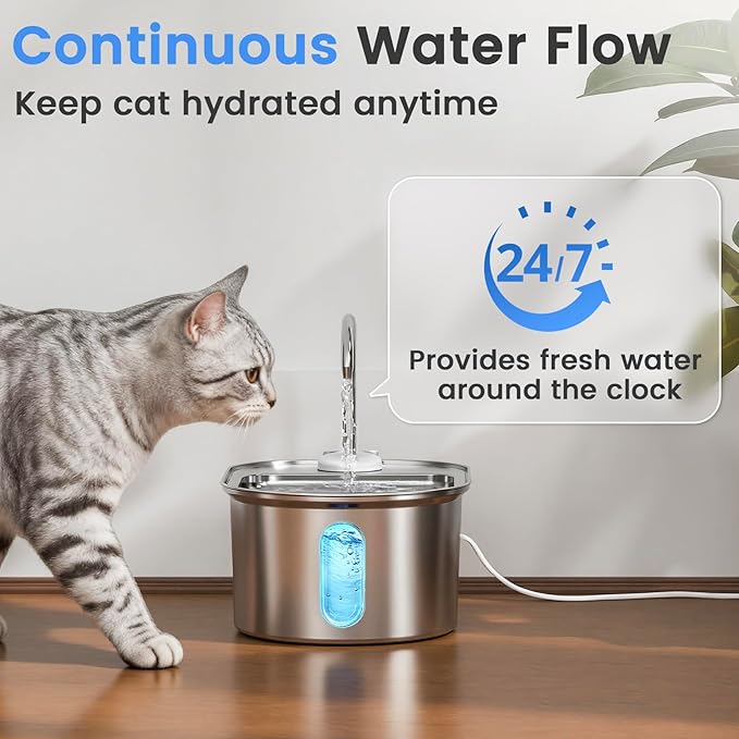 Cat Water Fountain Stainless Steel, 108oz/3.2L Quiet Automatic Cat Fountain for Drinking, Safe Auto Shut-Off, Large Oval Pet Water Dispenser for Dogs Indoor with 1 Replacement Filter
