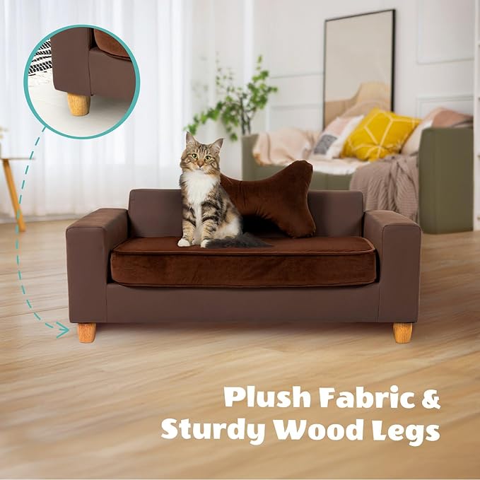 CRITTER SITTERS 43” Faux Leather Ped Bed in Brown, Durable Washable Sofa Couch for Large Cats & Dogs, Must Have Essential Furniture Accessory for Kittens & Puppies