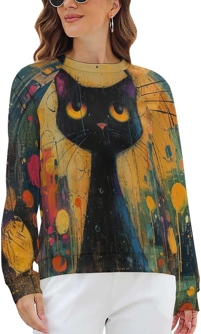 Biacolum Long Sleeve Shirts for Women Mid Century Retro Style Atomic Cat 3D Graphic Sweatshirts Fall Crewneck Pullover Top