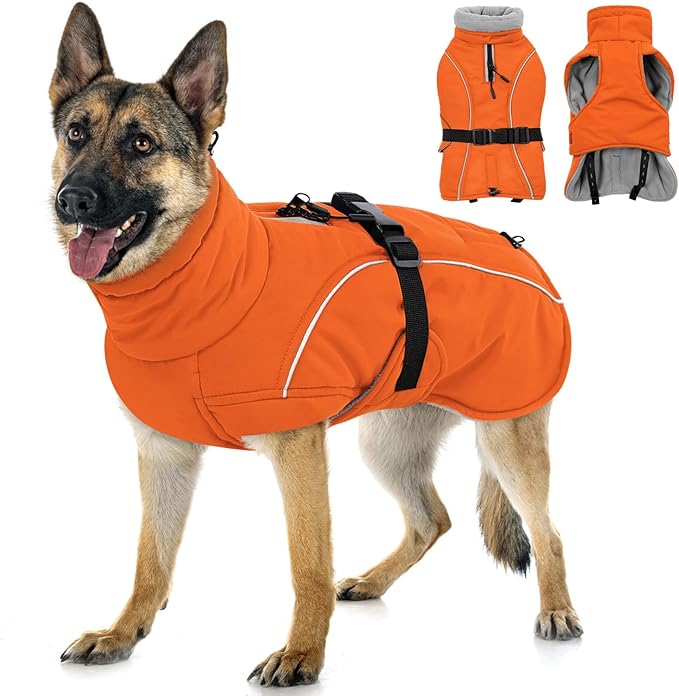 Queenmore Winter Dog Coat Warm Dog Jacket Vest Waterproof Puffer Fleece Snowsuit Adjustable Buckle Leash Hole Reflective Cold Weather Parka for Small Medium Large Dogs Girl Boy Orange XL