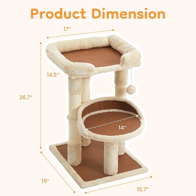 Multi-Level Cat Tower with Scratching Posts, Cat Tree with Double Cat Bed & Hanging Toys, Cute Climbing Tower with Sisal Scratcher for Kittens & Adult Cats, Cream White