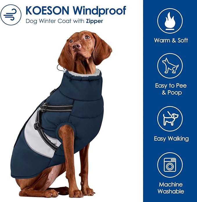 KOESON Dog Coat, Warm Dog Winter Jacket with Harness, Waterproof Pet Cold Weather Coats with Fleece Lining, Reflective & Windproof Snowsuit Sweater for Schnauzer, Yorkshire, Dachshund, Navy Blue S