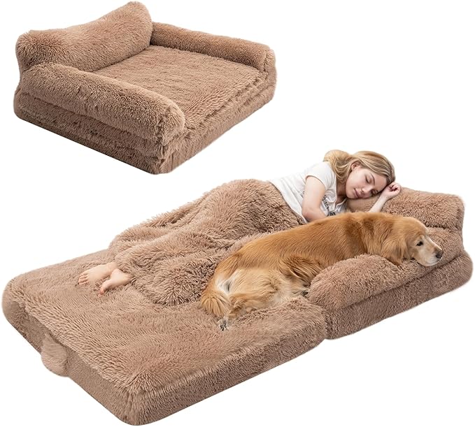 72" Foldable Human Dog Bed for Adults, Fluffy Faux Fur with Blanket, Orthopedic Washable Dog Bed with Memory Foam and Water Repellent Liner Extra Large Thick for Pet