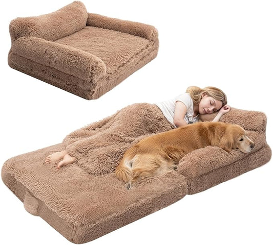 72" Foldable Human Dog Bed for Adults, Fluffy Faux Fur with Blanket, Orthopedic Washable Dog Bed with Memory Foam and Water Repellent Liner Extra Large Thick for Pet