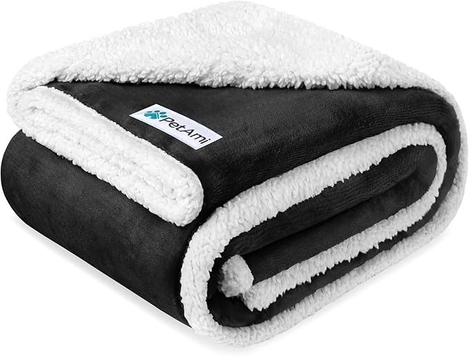 PetAmi Waterproof Dog Blanket for Medium Large Dog Puppy Cat Throw for Couch Cover Leakproof Protection, Sherpa Fleece, Reversible Soft Washable 60x40 Black