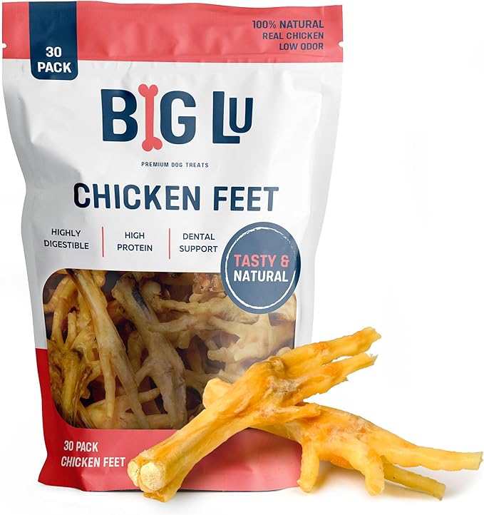 Big Lu – Nail-Free Chicken Feet Dog Chews, 100% Natural Single-Ingredient Treats, Rawhide-Free, Long-Lasting, Rich in Glucosamine and Chondroitin for Joint Health (30 Count, Chicken Feet)