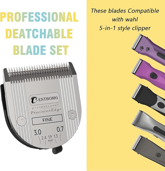 Professional Animal Dog Pet 5-in-1 Adjustable Fine Blade Cut Length 0.7-3mm,Compatible with Wahl Arco,Bravura,Chromado,Creativa,Figura and Motion Clippers(2 PCS)