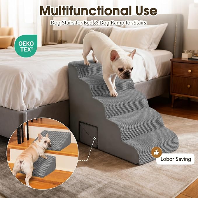 Curved Dog Stairs 22.4 inches High, Dog Ramp Stairs for Small Dogs for High Beds 20-25 inches Tall, Pet Stairs/Steps for Old Dogs Cats, Grey