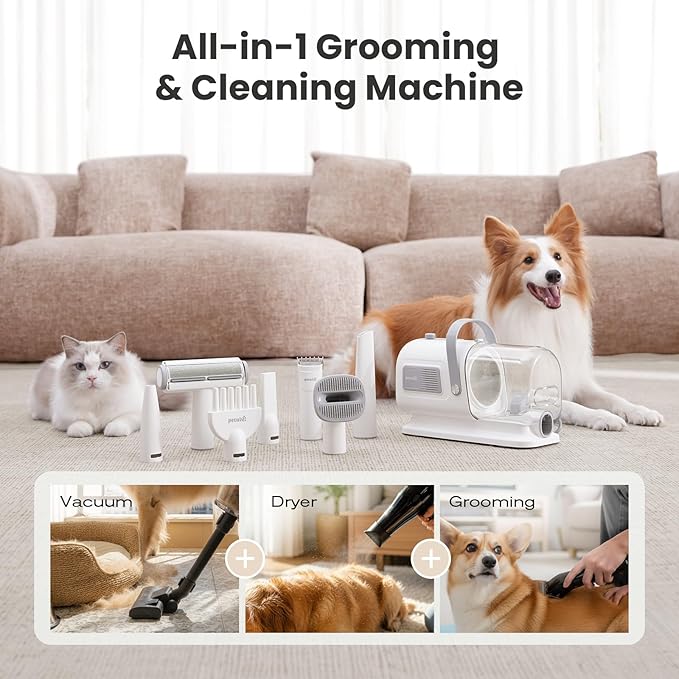 Pecute Dog Grooming Vacuum & Dryer, 7-in-1 Pet Grooming Kit with Clipper, 10000Pa Dog Vacuum for Shedding Grooming, Adjustable Speed & Temp, 55dB Low Noise