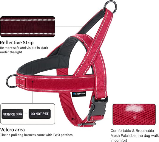 Annchwool No Pull Dog Harness, Collar & Leash Set|Reflective Dog Harness+Heavy Duty Dog Collar+Dog Leash with Double Handle & Car Seatbelt Clip|Easy for Walking Medium Large Size Dogs(Red,M)